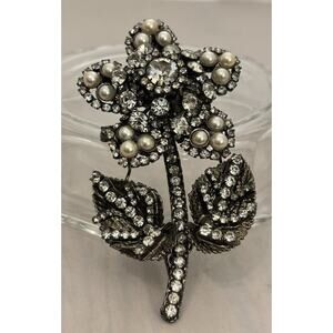 Vintage LAWRENCE VRBA Rhinestone/Pearl Gunmetal Flower BROOCH 4.5”